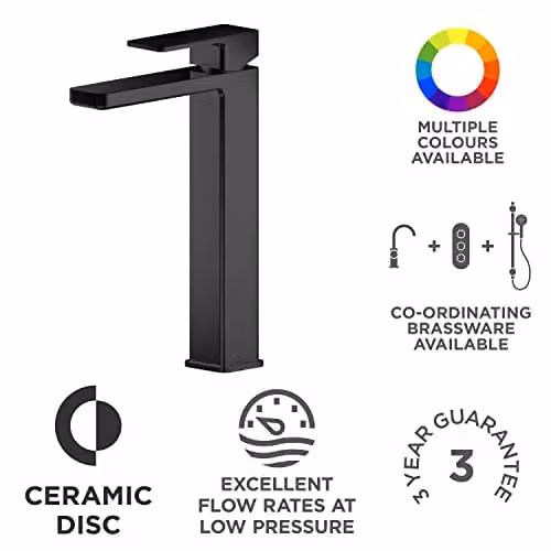 Nuie WIN470 Windon Modern High Rise Mono Basin Mixer Tap with Single Lever Handle, Matt Black – 3