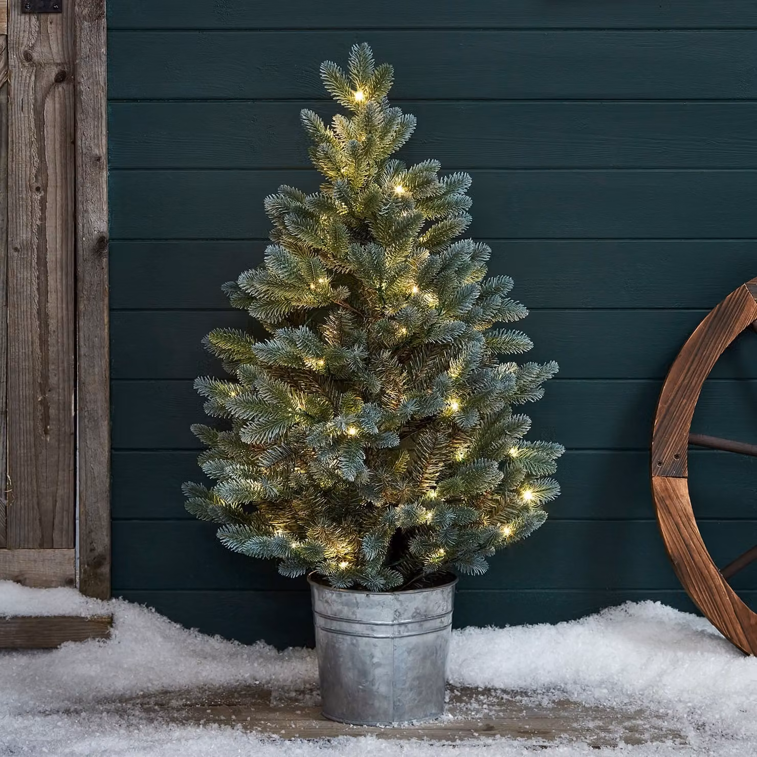 90cm Pre Lit Potted Outdoor Christmas Tree with Warm White LED Lights and Timer