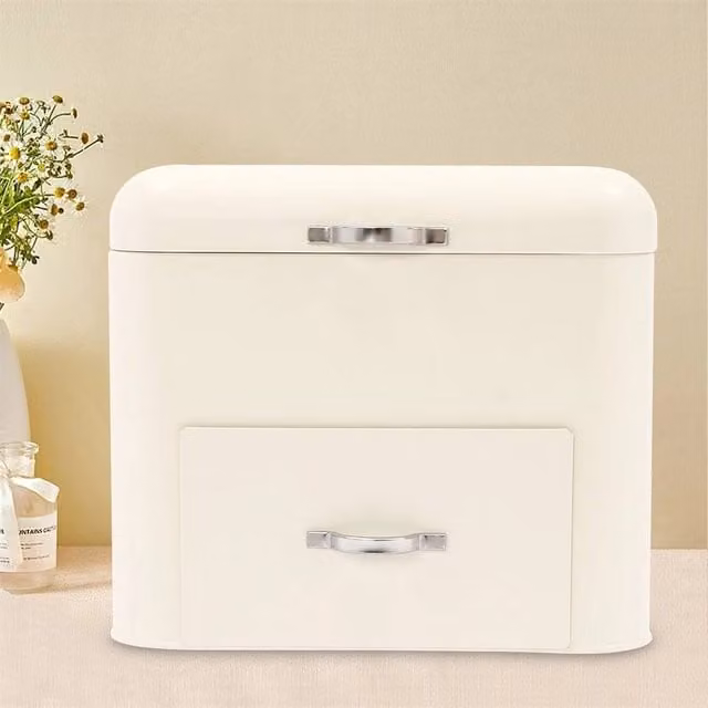 Ventryn Modern Double-Tier Metal Bread Box with Drawer, White