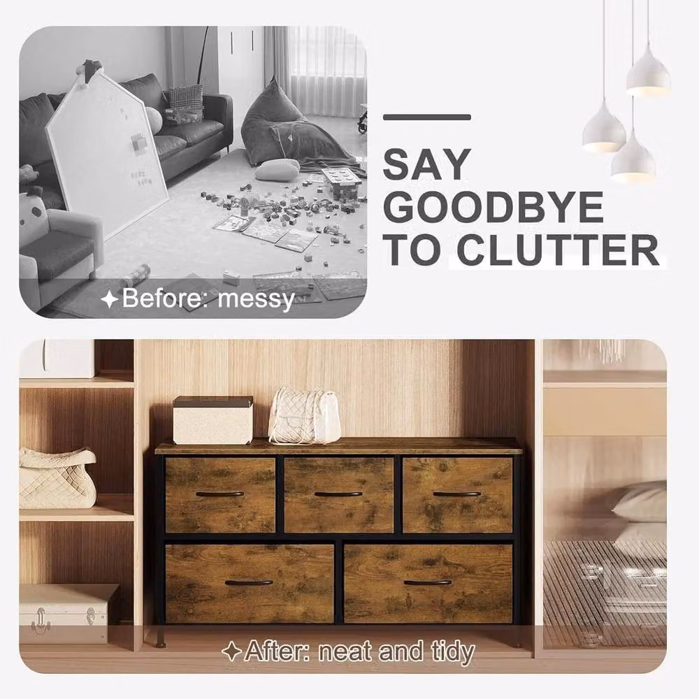 FORGEVIO Industrial Wide 5 Drawer Chest of Drawers with Metal Legs in Brown – 4