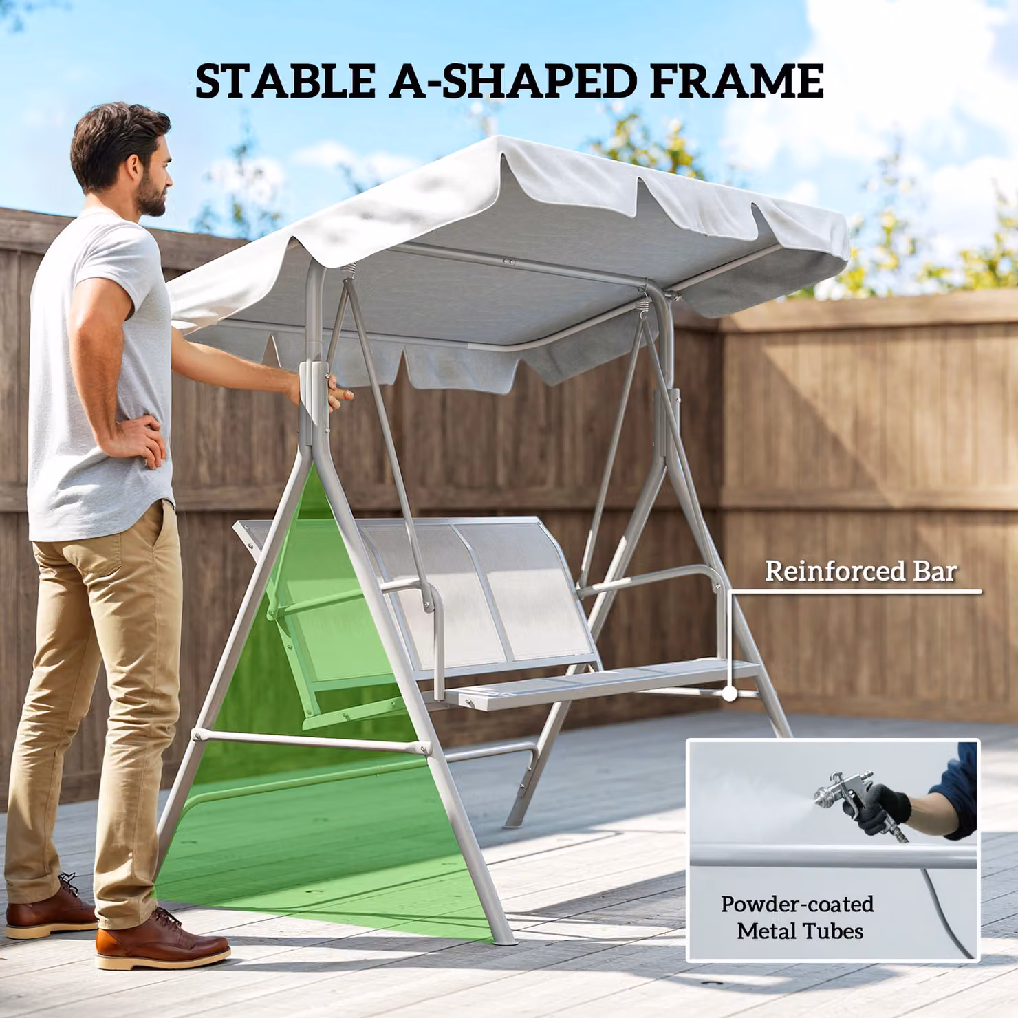 Outsunny 3-Seater Metal Garden Swing Chair with Sun Canopy in Matt Light Grey – 4