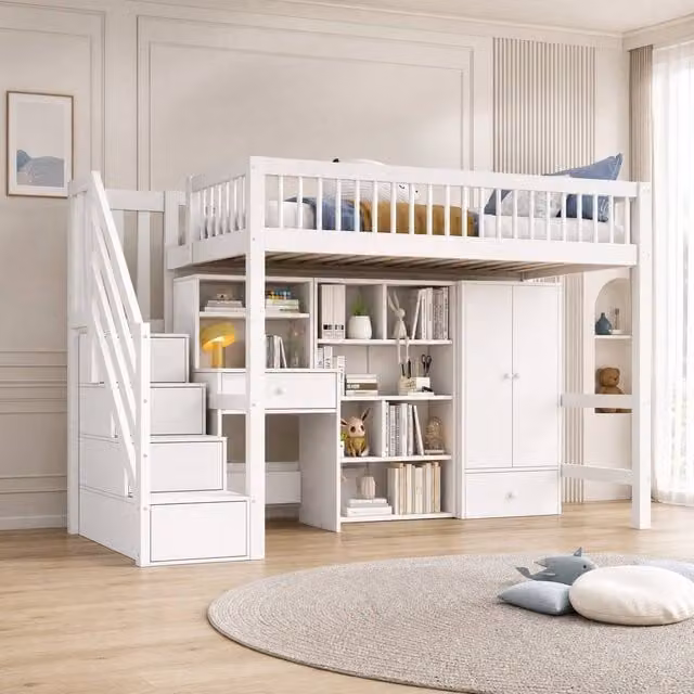 STILVORA White Wooden Single Bed Frame with Storage Drawers for Children – 1