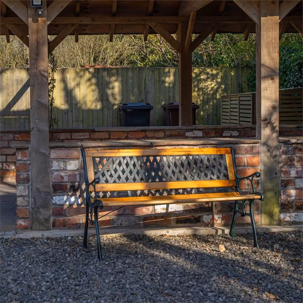 SPETLEK 2 Seater Wooden Garden Bench with Cast Iron Lattice Design in Brown – 3
