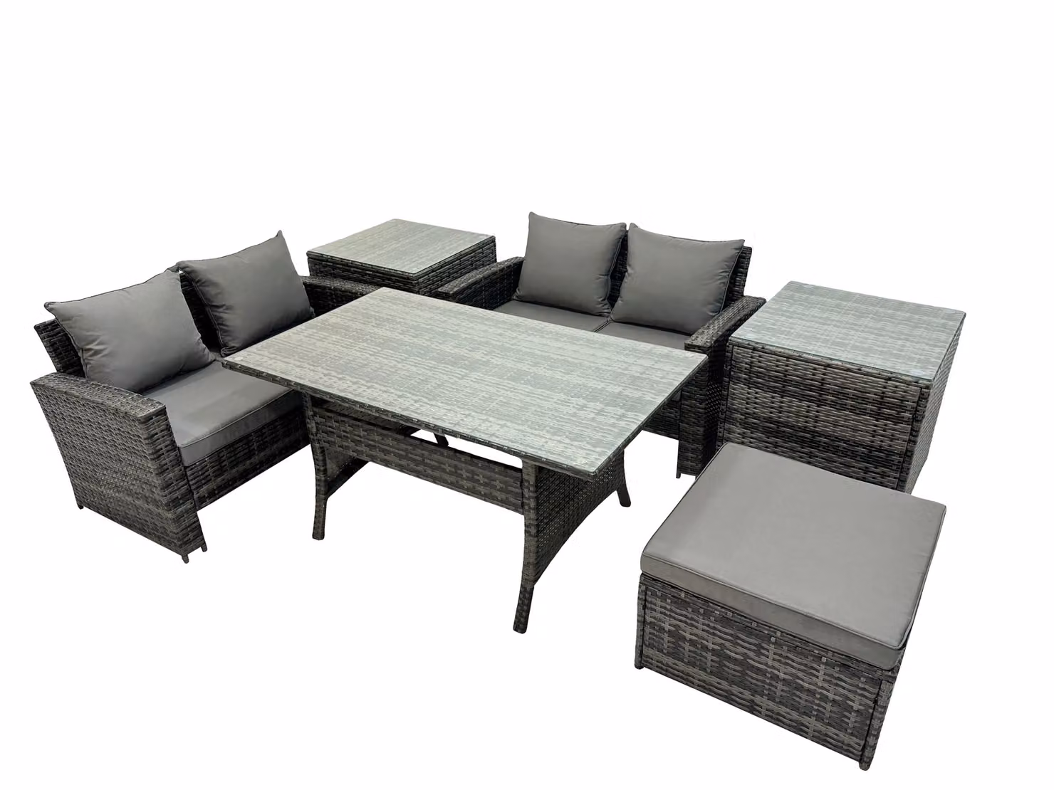 Fimous 5 Seater Outdoor Dining Set with Double Seat Sofa, 2 Side Tables and Stools in Dark Grey – 2