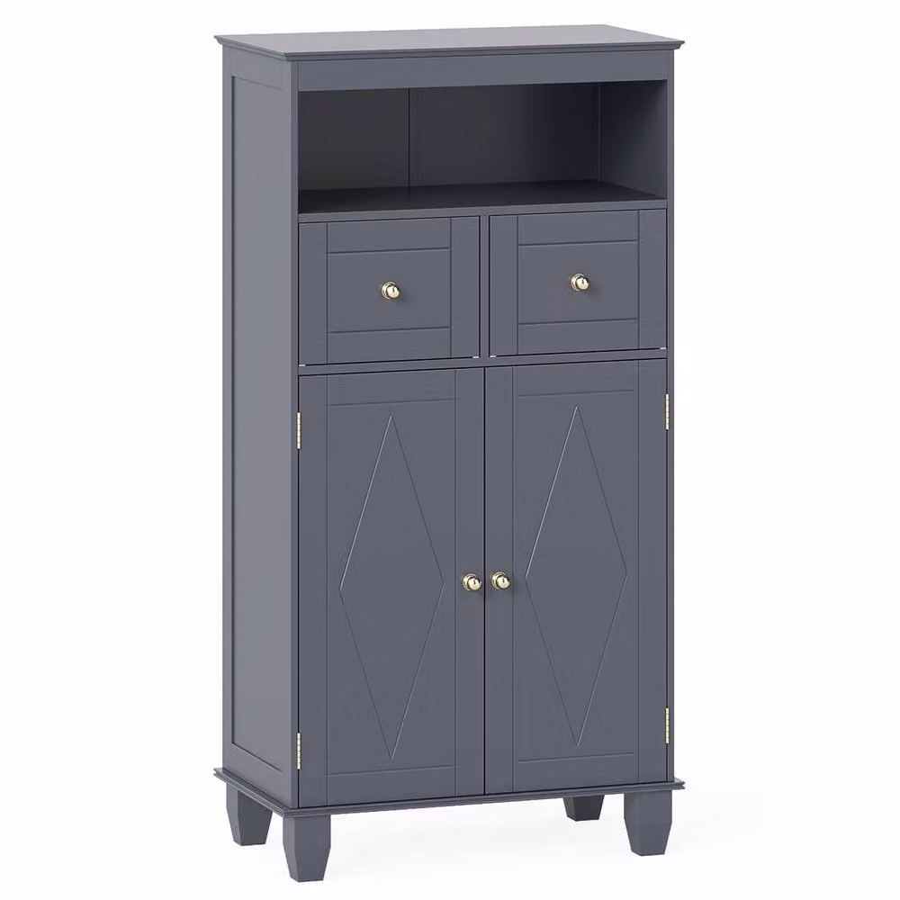 Costway Modern Grey Bathroom Floor Storage Cabinet with Drawers and Shelves – 10