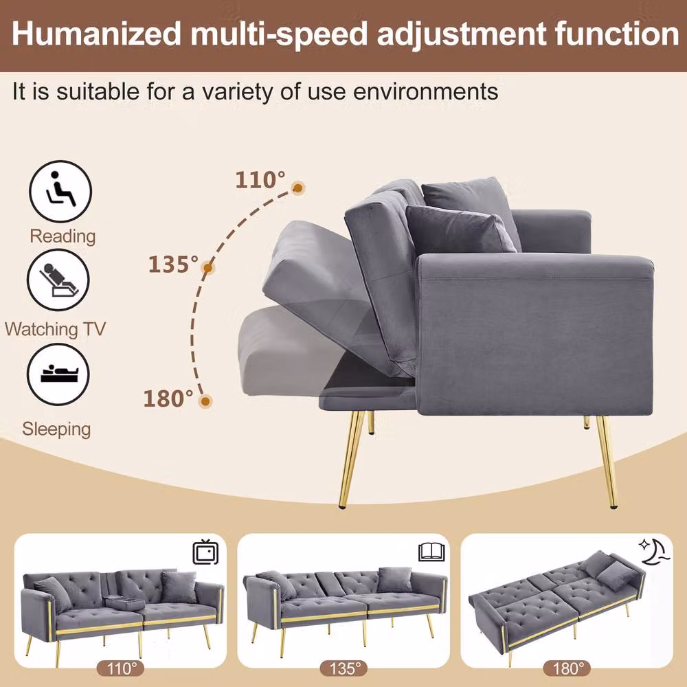 BTM 2 Seater Convertible Velvet Sofa Bed in Grey with Adjustable Headrest and Cup Holders, W/D/H: 174 x 76 x 71.5 cm – 3
