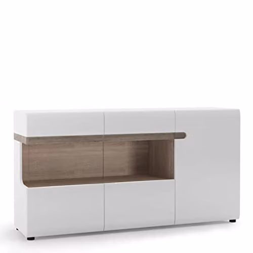 Furniture To Go Chelsea White High Gloss and Oak 3 Door Sideboard with Integrated Lighting and Soft Close Drawers