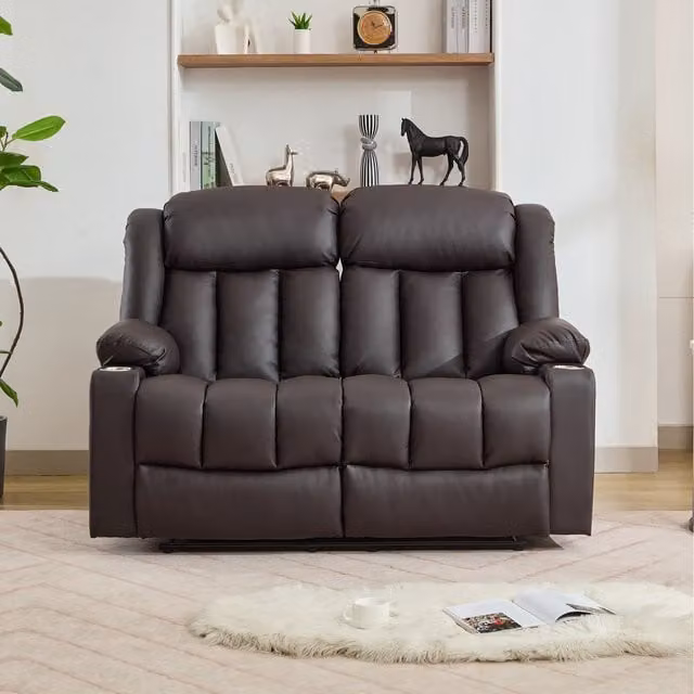 Sheridan 2 Seat Manual Recliner Sofa in Brown with Cup Holders and Synthetic Leather Upholstery