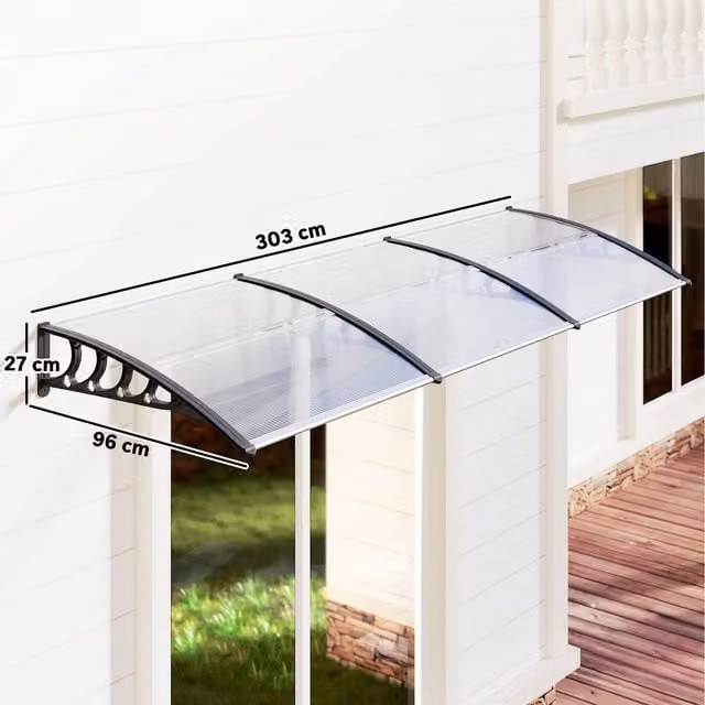 Outsunny White and Transparent Wall-Mounted Outdoor Awning Canopy for Front Doors and Windows, W: 303 cm, H: 96 cm