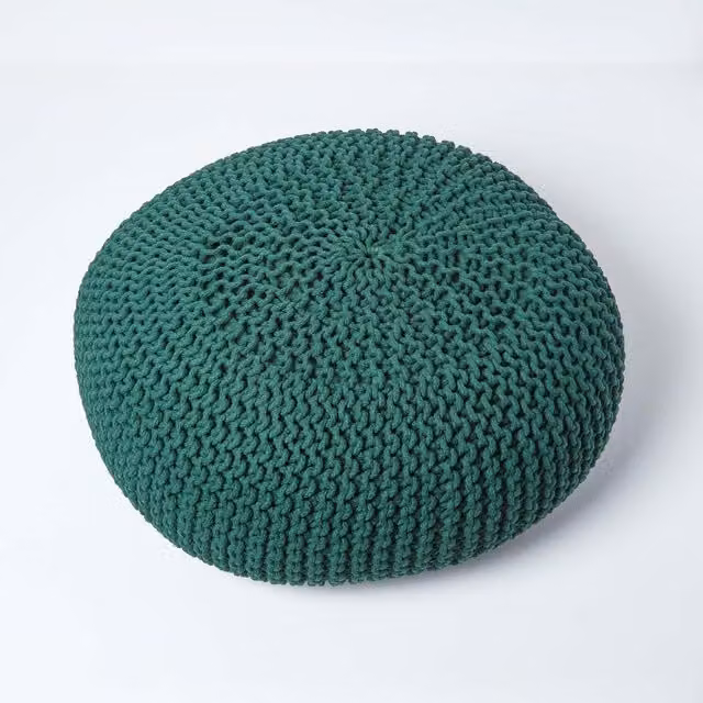 Homescapes Round Cotton Knitted Pouffe in Green, Diameter: 70 cm