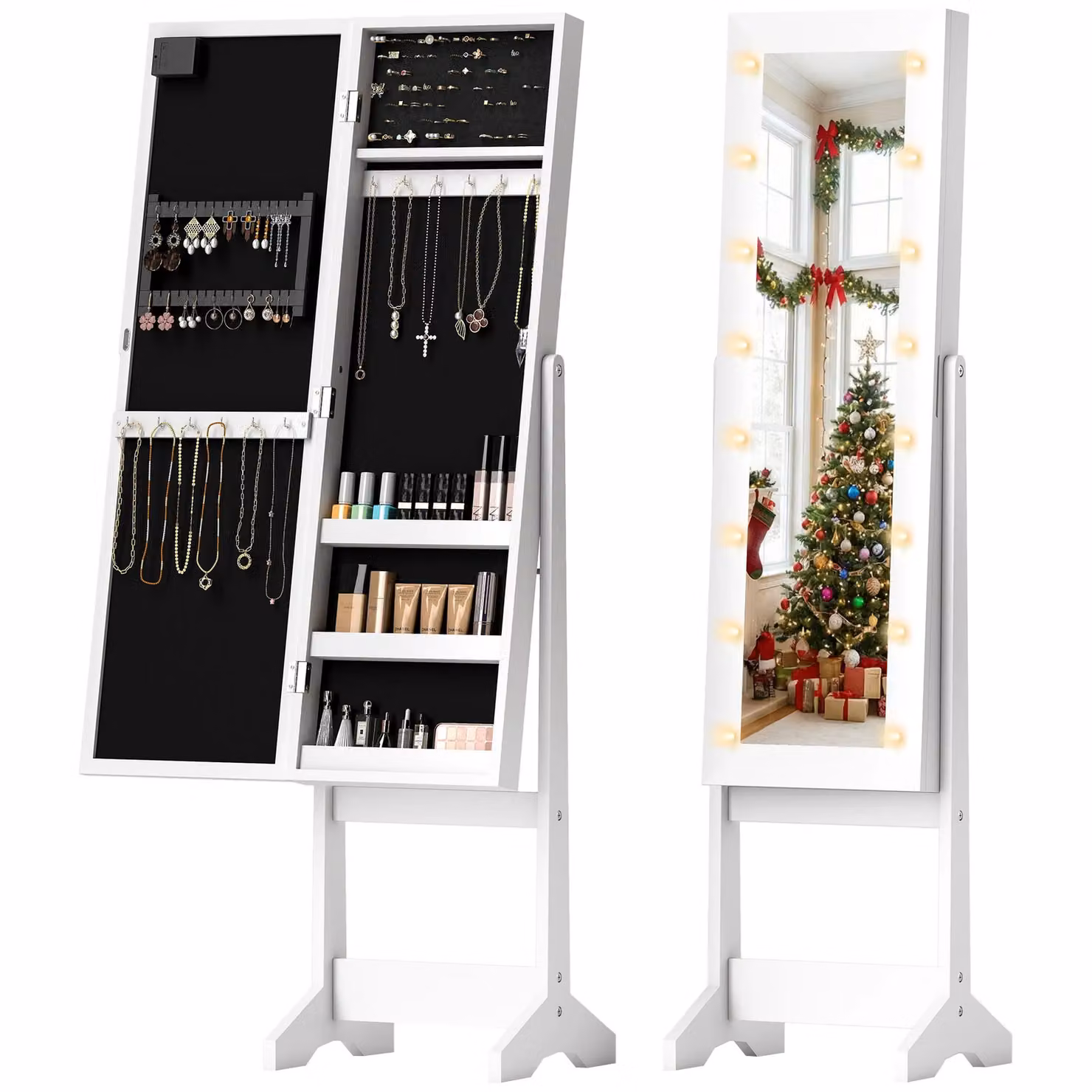 HOMCOM Freestanding LED Mirrored Jewelry Cabinet in White – 2
