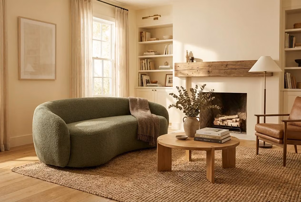 Araco Atelier Noah 2 Seater Bouclé Upholstered Sofa in Beige or Green