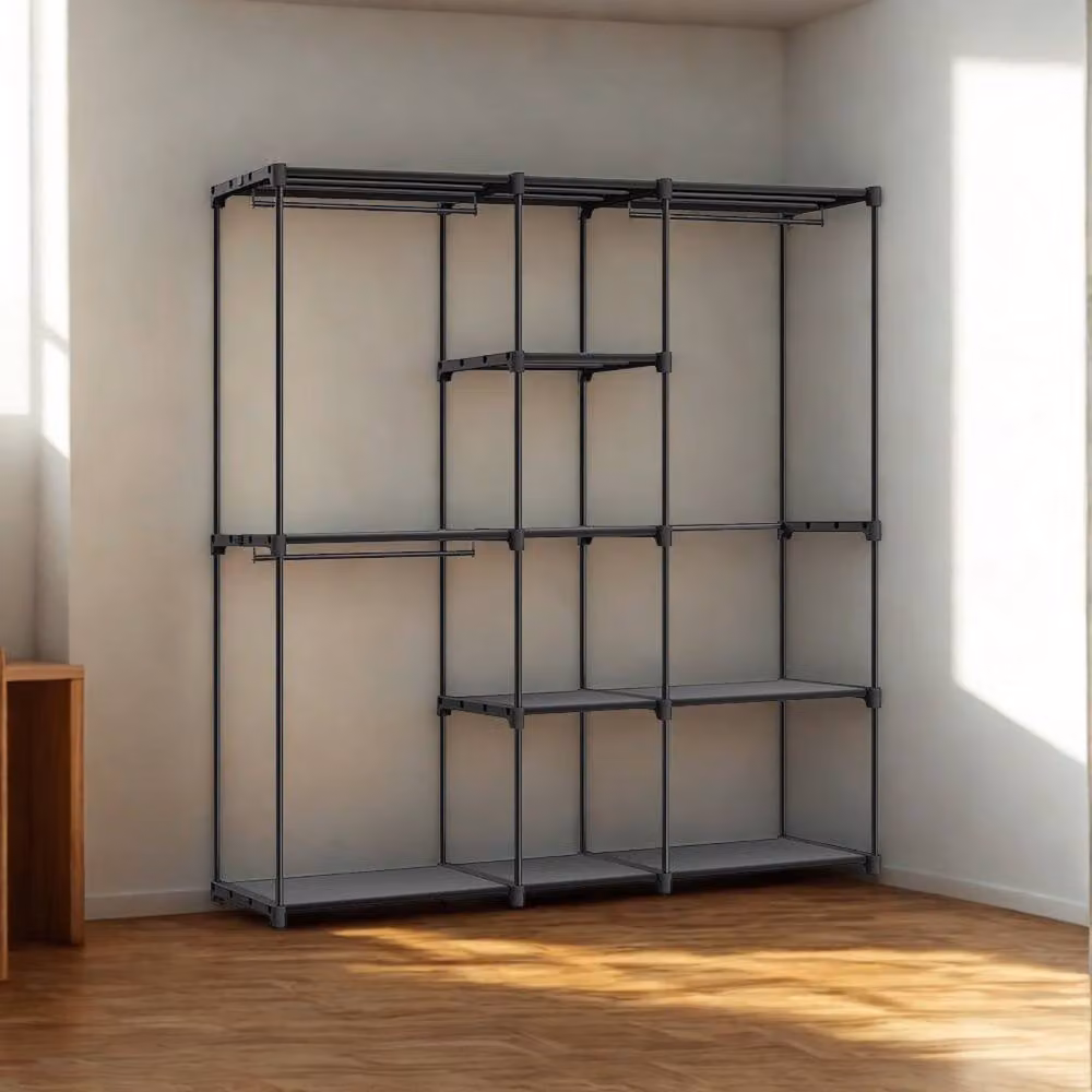 Pirlo Plush Metal Clothes Rail Open Wardrobe with Storage Shelves in Matt Black, H 182 cm x W 130 cm – 2