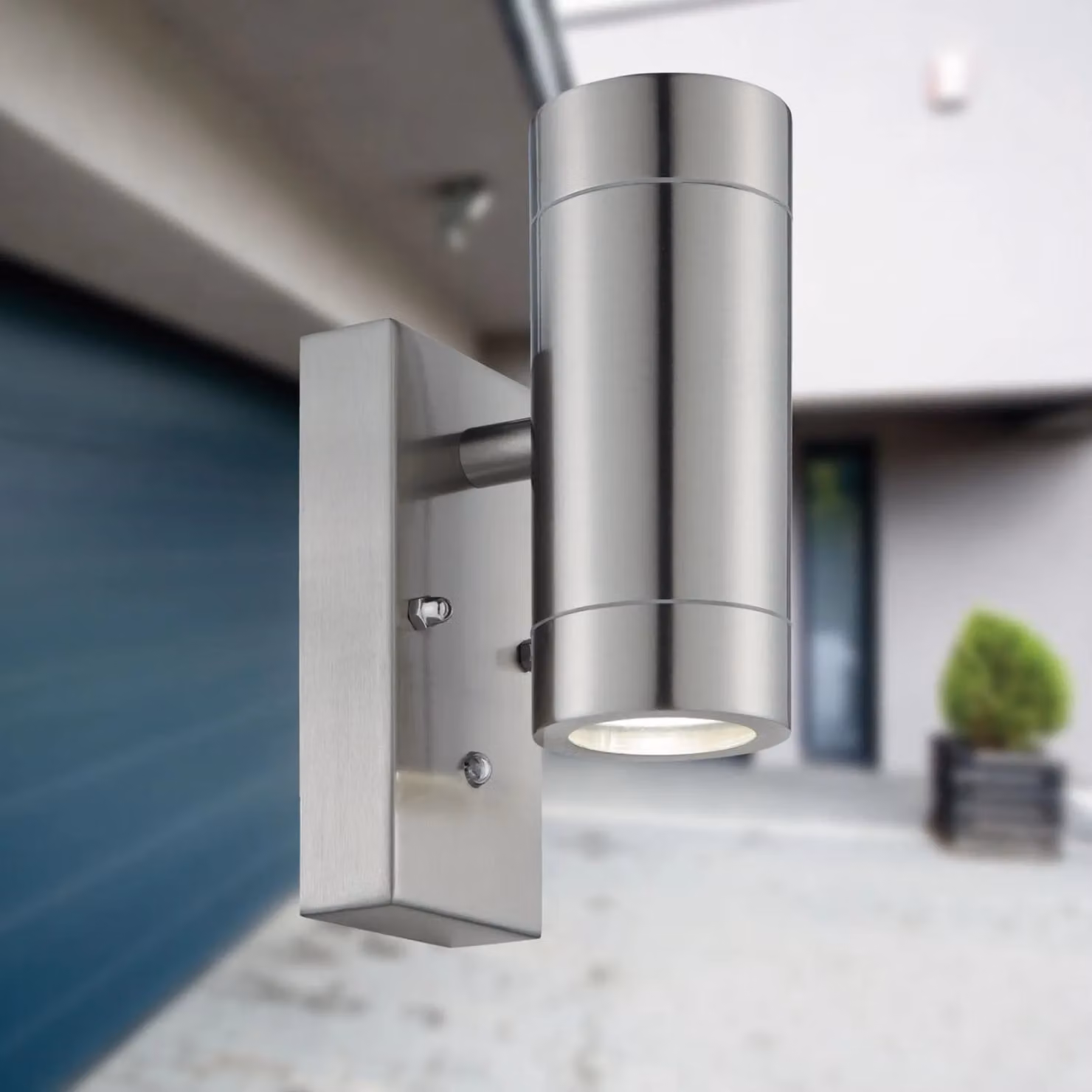 First Choice Lighting Blaze Stainless Steel Outdoor Up Down Wall Light with Dusk Sensor in Silver – 2
