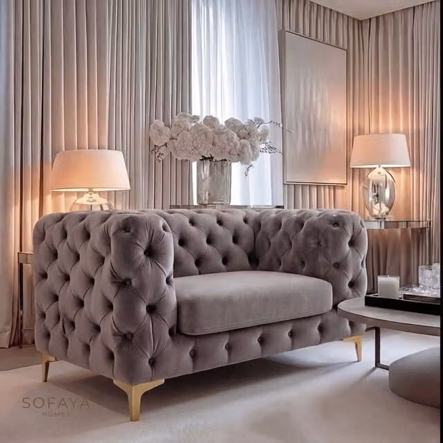 Sofaya Monaco Chesterfield Velvet Armchair in Grey – 1