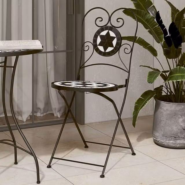 Berkfield Home Bistro Chairs Set of 2 Foldable Black and White Geometric Ceramic and Metal Chairs – 1