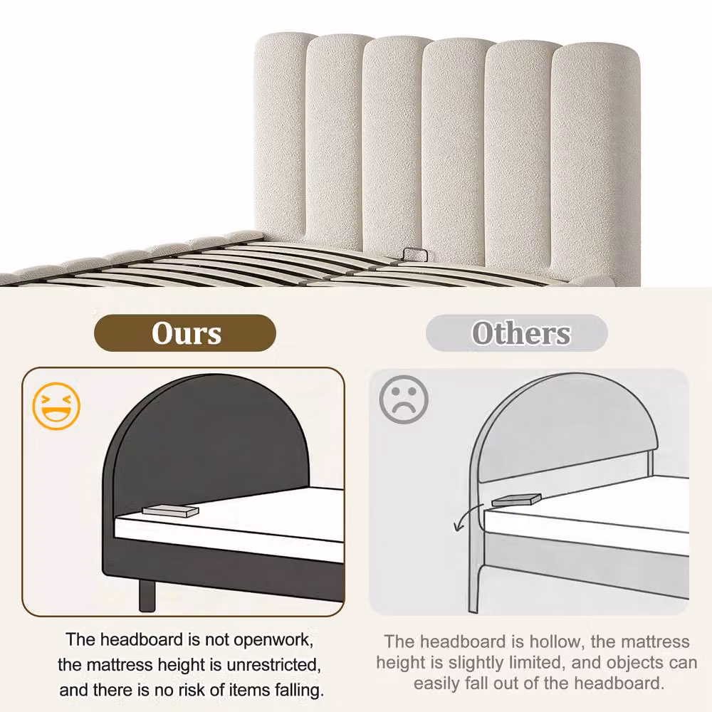 Merax White Bouclé Upholstered Double Ottoman Bed with Lift Up Base, W/D/H: 140 x 200 x 135 cm – 3