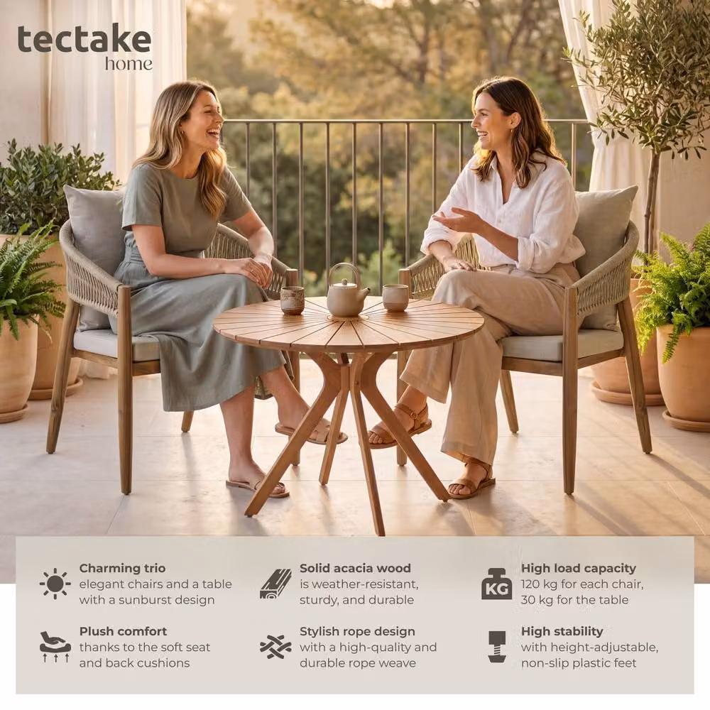 tectake 3-Piece Acacia Wood Garden Set in Sand with Round Height-Adjustable Table and 2 Chairs – 2