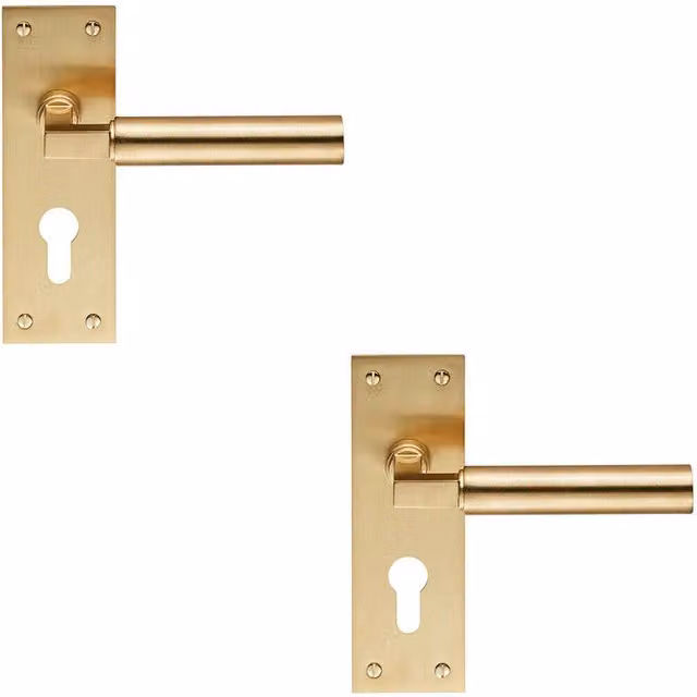 Loops 2x Pair Round Bar Handles with Slim Euro Lock Backplate, Satin Brass, W: 150 mm, H: 50 mm