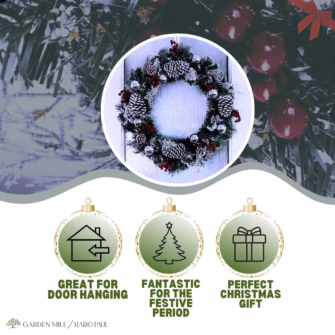 Marco Paul Snow Dusted Christmas Door Wreath Garland with Pinecones, Berries and Red Baubles – 3
