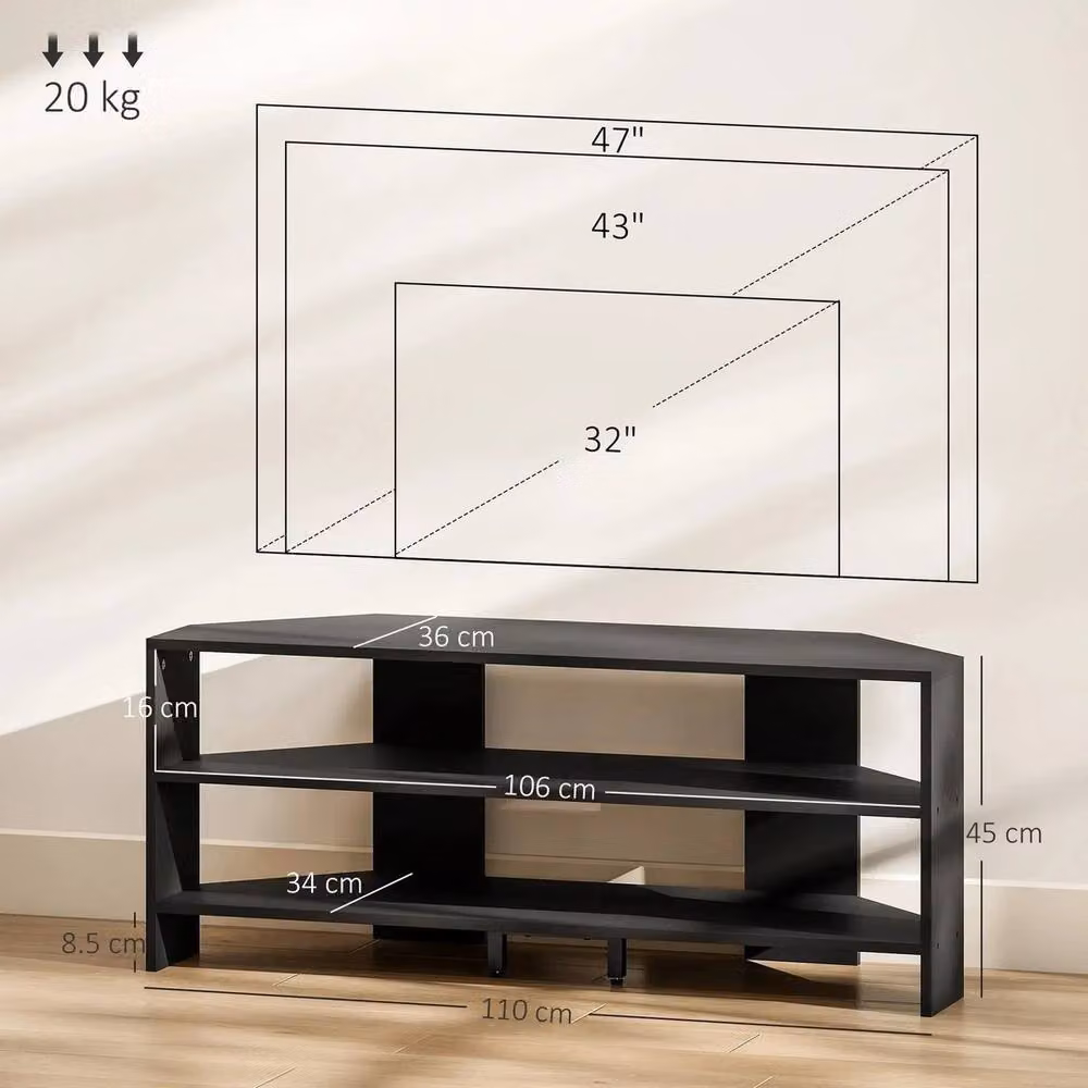 VOGREX Rustic Black Corner TV Unit for 47 inch TVs with 2 Shelves, Width: 110 cm – 1