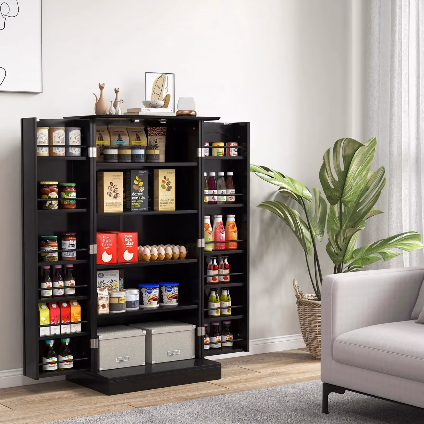 Gymax Black Minimalist Kitchen Pantry Cabinet with Adjustable Internal Shelves and 2 Hinged Doors – 3