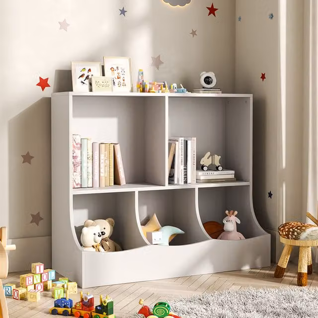 Livingandhome 2-Tier Open Style Toy Storage Organizer with Bookcase in White
