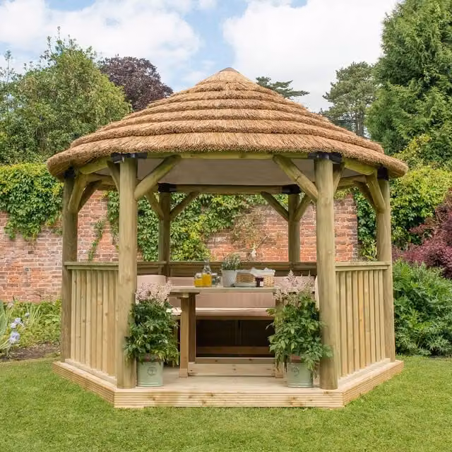 Forest Hexagonal Garden Gazebo with Rustic Thatched Reed Roof and Pine and Steel Frame, Cream