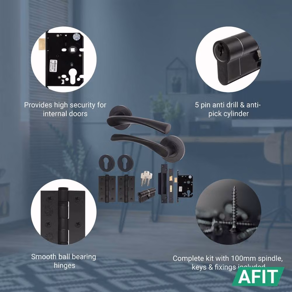 AFIT Matt Black Door Handle Rose Set with Double Cylinder and Hinges, 1 Pair, Size: 150 x 150 mm – 4