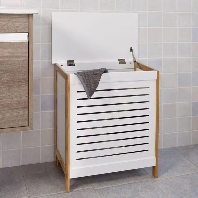SoBuy White Bamboo Laundry Hamper Cabinet with Soft-Close Hinged Doors, W/D/H: 60 x 50 x 30 cm – 1