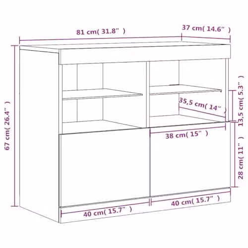 vidaXL Modern Sideboard with Integrated LED Lights in Sonoma Oak, W: 81 cm, D: 37 cm, H: 67 cm – 3