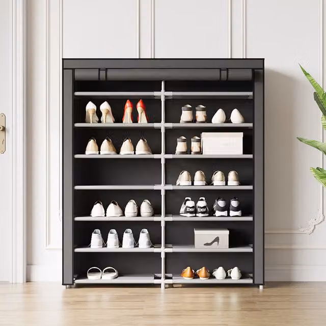 Lifeideas 7-Tier Modern Freestanding Shoe Cabinet with Roll-Up Shutter Doors in Black
