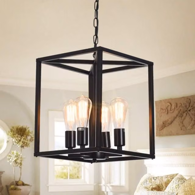 Garwarm Black 4-Light Industrial Vintage Lantern Pendant Light with Transparent Glass and Height Adjustable Metal Suspension – 1