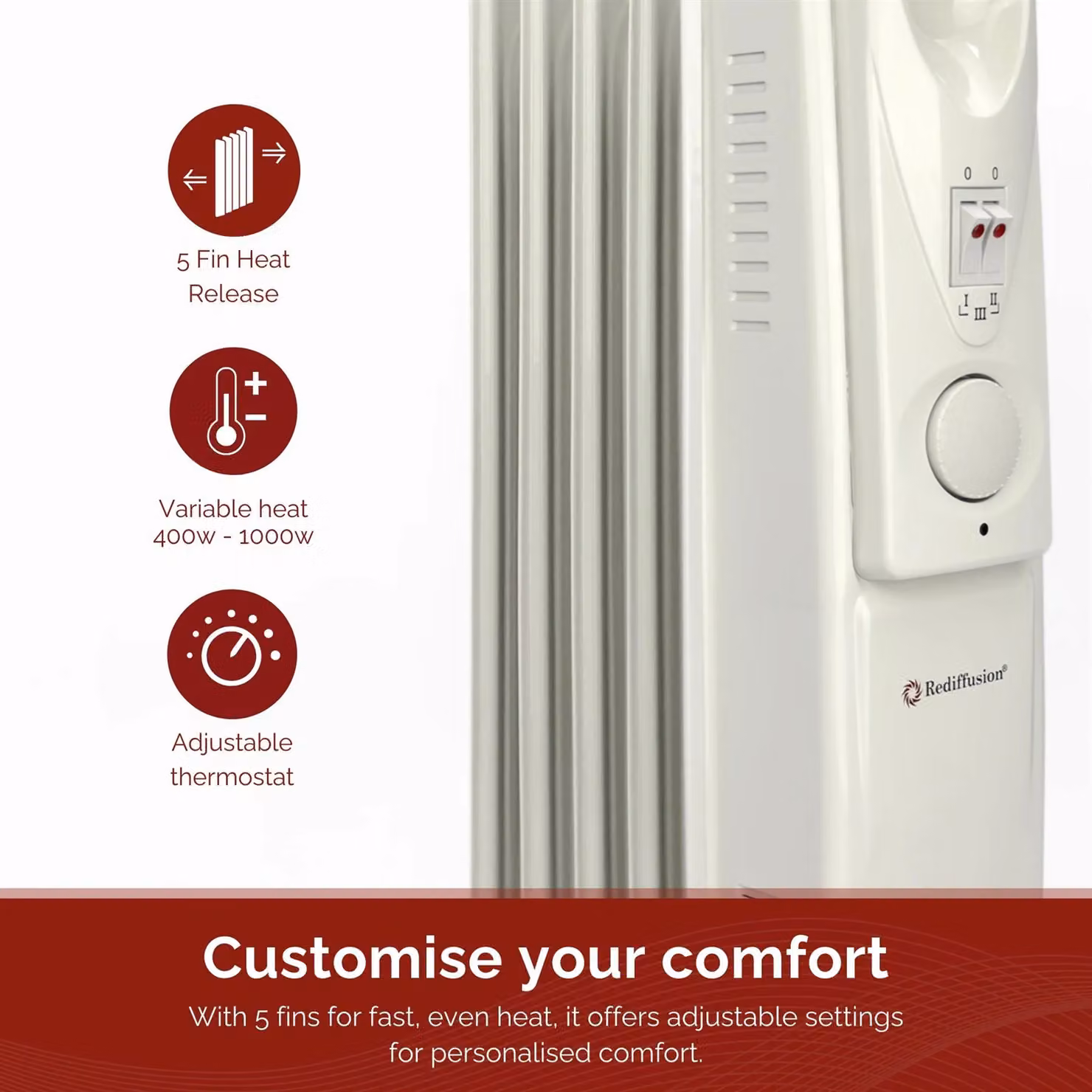Rediffusion 1000W Oil Filled Radiator in White, H 54.5 x W 25.5 x D 24.0 cm – 2
