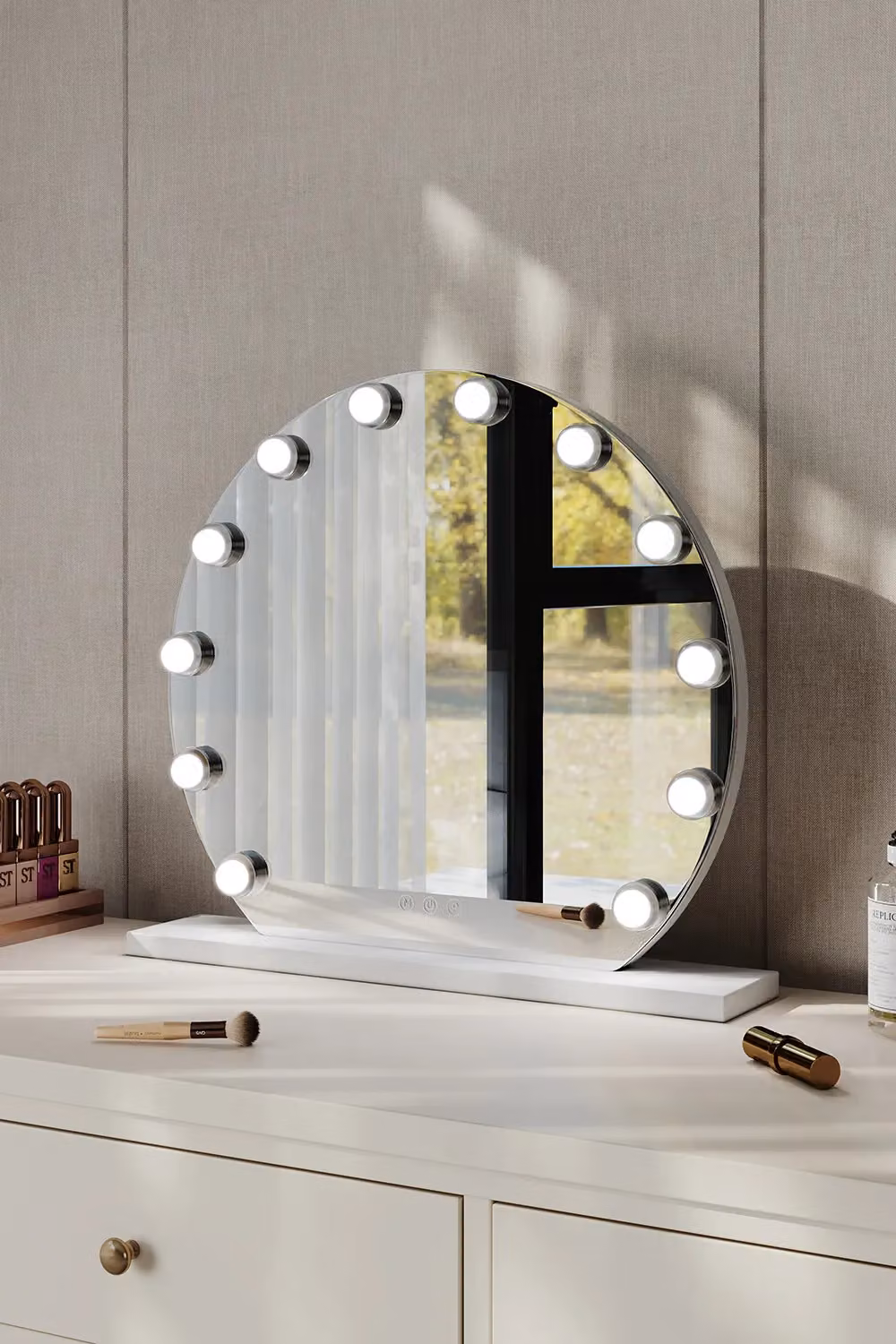 H&O Direct Round Frameless Hollywood LED Lighted Tabletop Makeup Mirror in White – 2