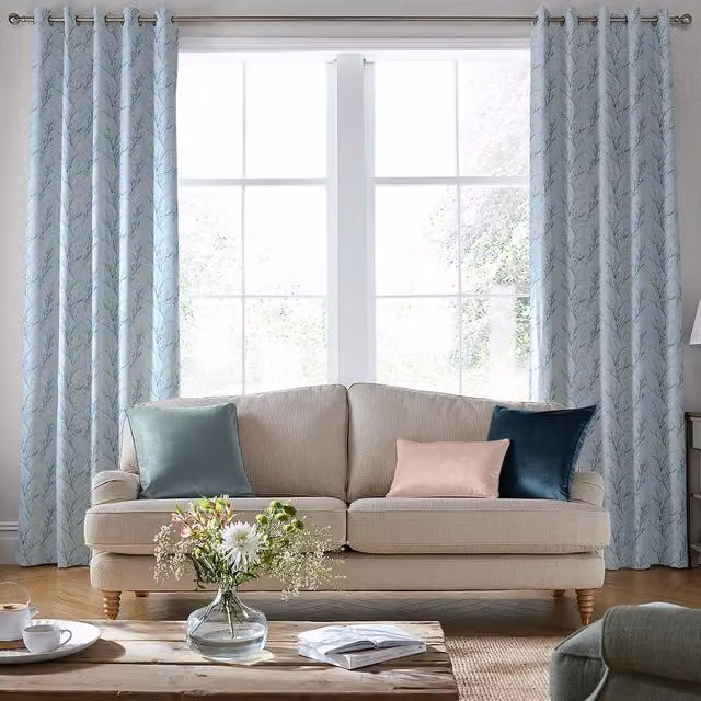 Laura Ashley Pussy Willow Embroidered Made to Measure Blackout Eyelet Curtains in Seaspray Blue