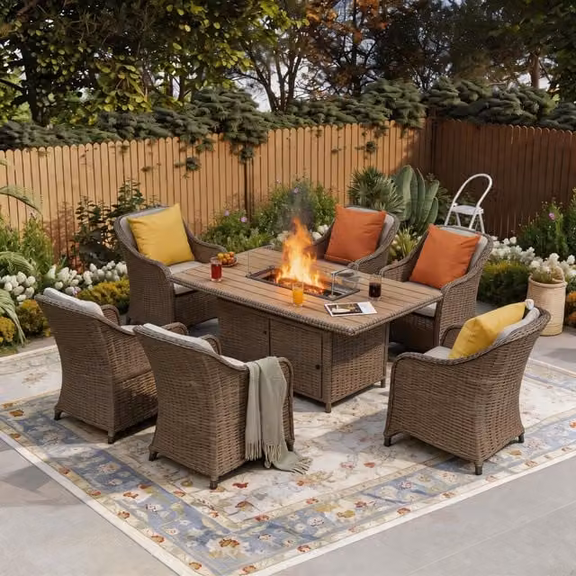 Furniture One Modern 6 Seater Rattan Garden Furniture Set in Nature with 1 Rectangular Fire Pit Table and 6 Armchairs