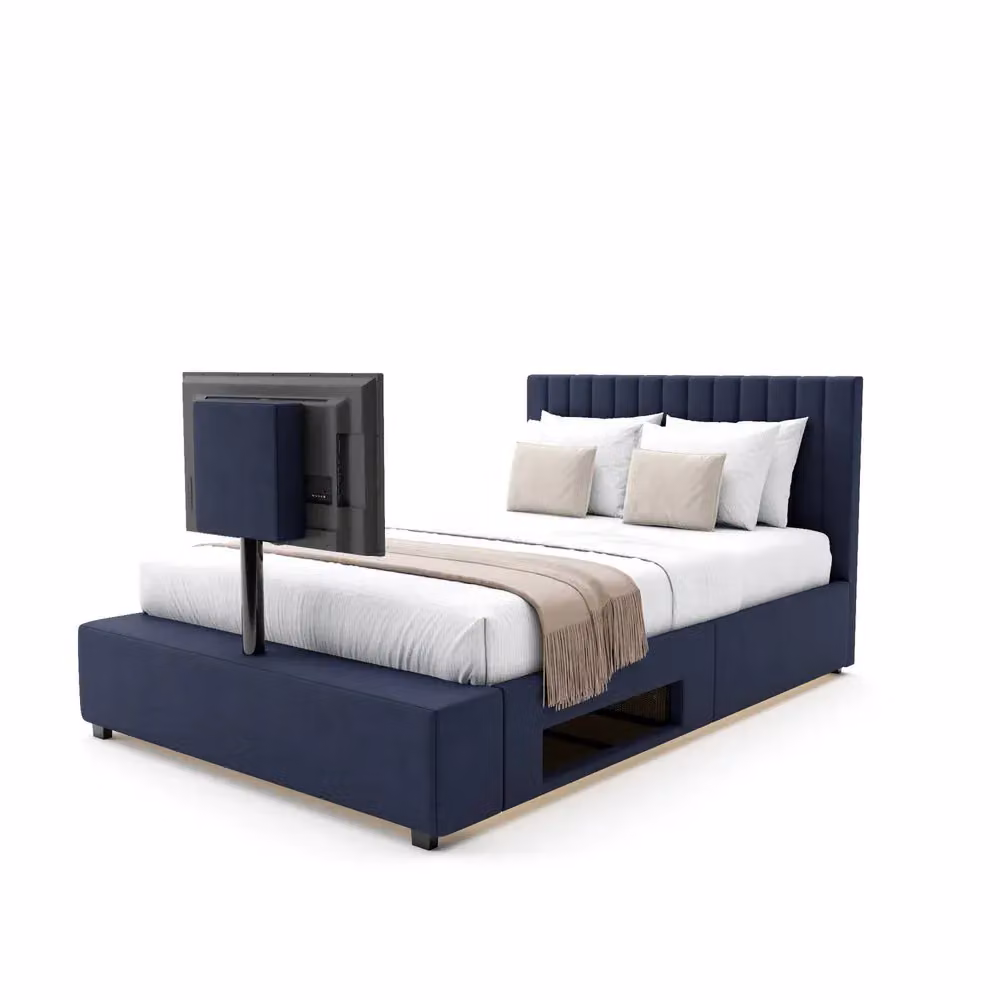 X Rocker Maisie Velvet Upholstered TV Bed with Media Storage and LED Lights in Blue, Size: King (180 x 200 cm) – 3
