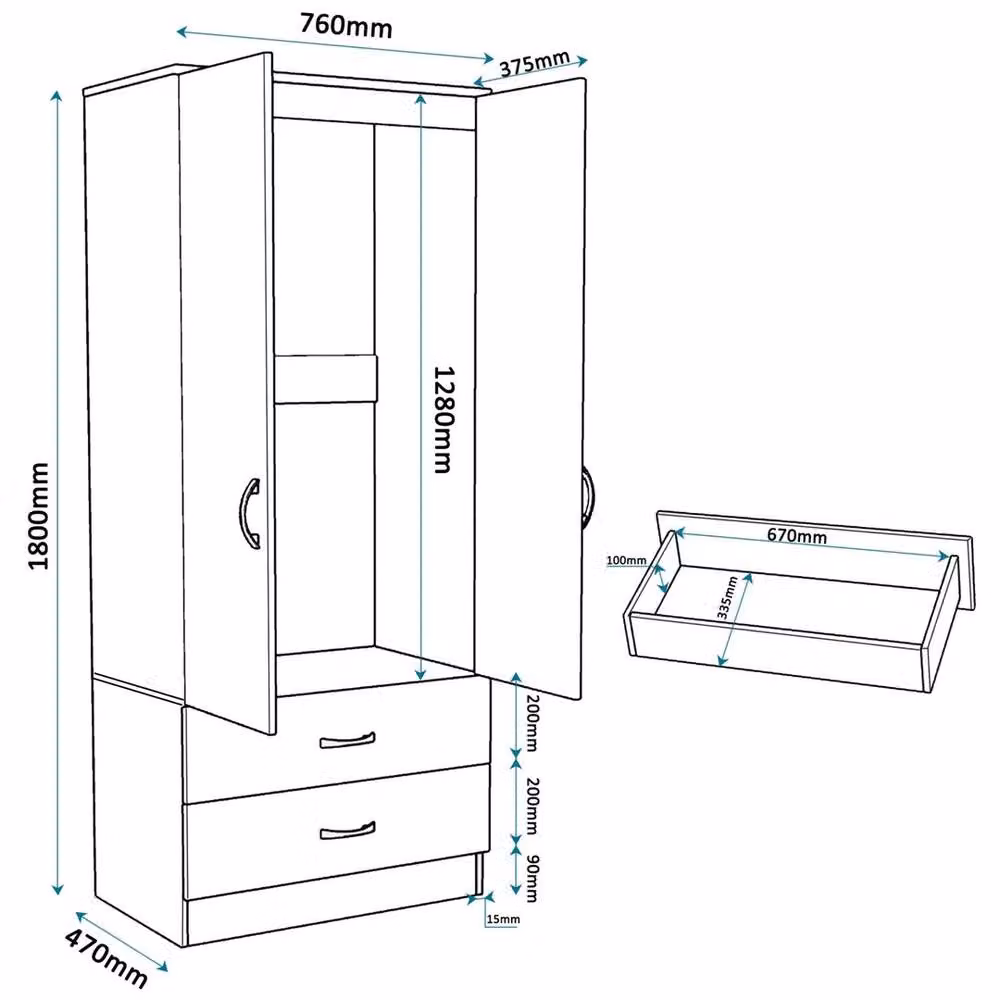 FLAVORA Modern Wooden Wardrobe with 2 High Gloss Grey Doors and 2 Drawers, H 180 cm x W 76 cm x D 60 cm – 2