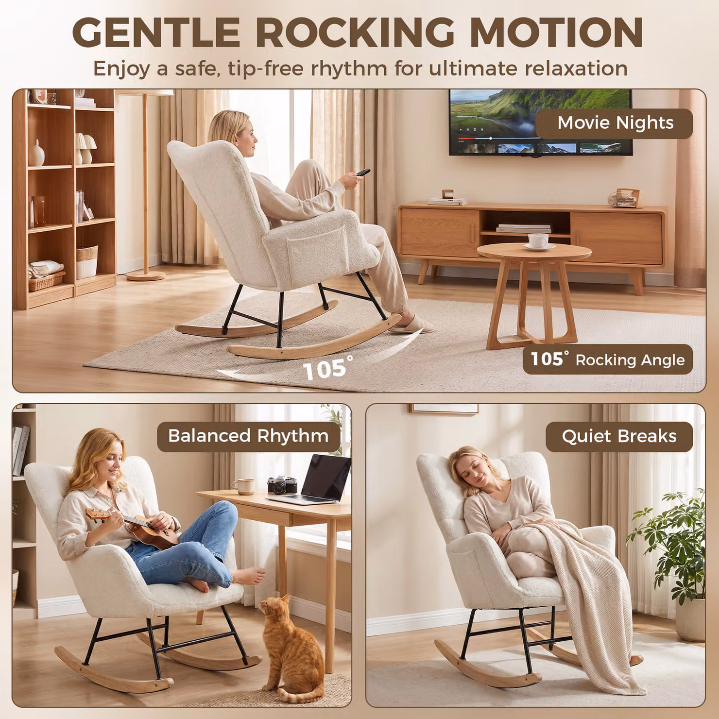 HOMCOM Cream White Teddy Fleece Rocking Chair with Tufted Wingback and Side Pockets – 3