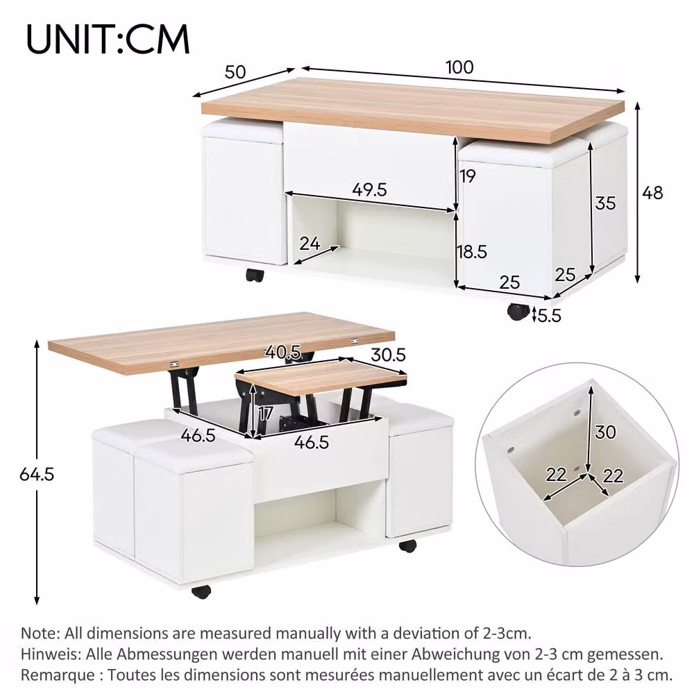 Merax White Lift Top Coffee Table with 4 Hidden Stools and Storage Compartment – 2