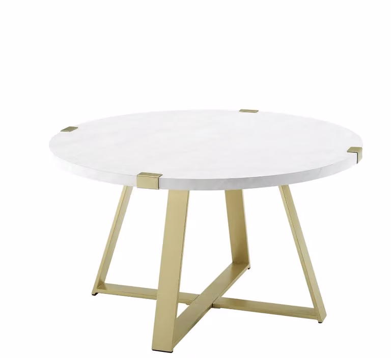 Cheap Furniture Warehouse Round Coffee Table in White and Gold with X-Frame Metal Base