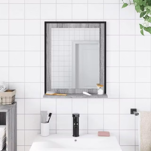Berkfield Home Sturdy Bathroom Mirror with Shelf, Grey Sonoma, W: 50 cm, D: 12 cm, H: 60 cm