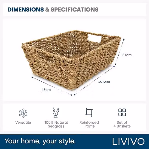 LIVIVO Set of 4 Seagrass Storage Baskets in Brown and Beige, W/D/H: 35.5 x 27.0 x 15.0 cm – 7
