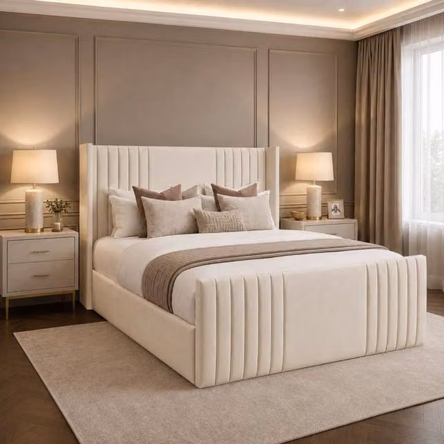 Desire Deco Carolyn Wingback Upholstered Panel Bed Frame in Beige Plush Velvet, King Size (180 x 200 cm)