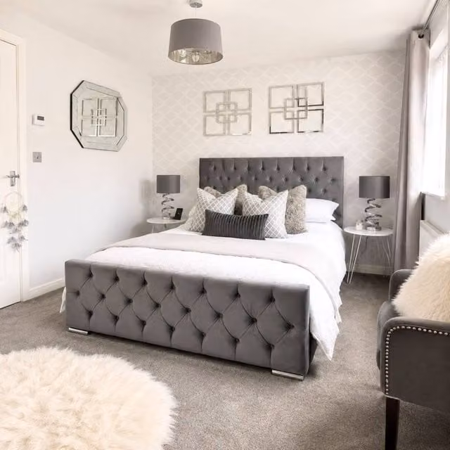 Stratus Interiors Florida Diamond Pattern Grey Velvet Upholstered Super King Bed with Gas Lift Ottoman Storage W/D/H: 200 x 200 cm