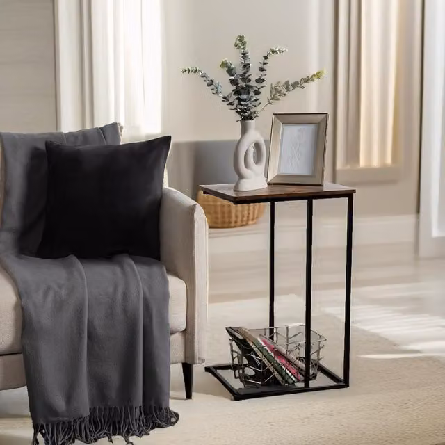Pirlo Plush C Shaped Side Table in Brown Industrial Rustic Style, W/D/H: 63 x 30 x 40 cm
