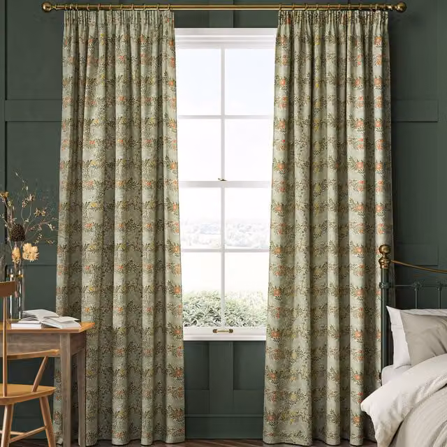 William Morris At Home Larkspur Made to Measure Blackout Floral Cotton Curtain in Green and Orange