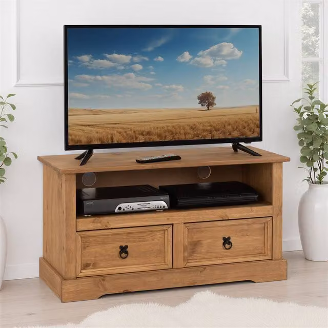 Seconique Corona Essentials 2 Drawer TV Unit in Distressed Waxed Pine Brown and Black – 2