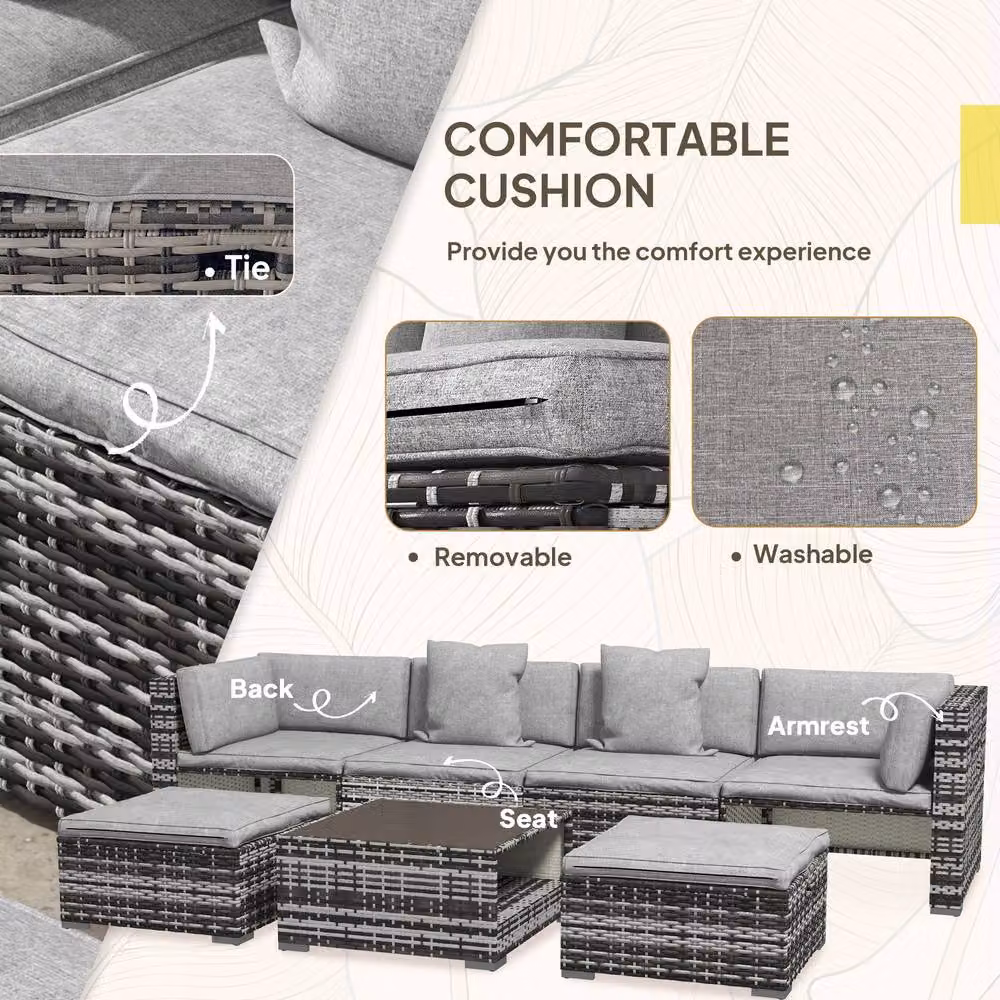 ERGOVEXA Seven-Piece Rattan Patio Furniture Set with Cushions in Mixed-grey – 6